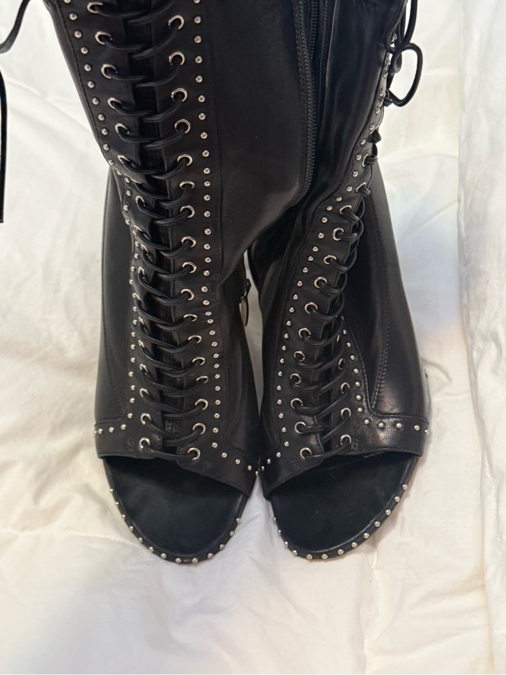 Sergio Rossi Black Lace-Up Peep-Toe Studded Boots